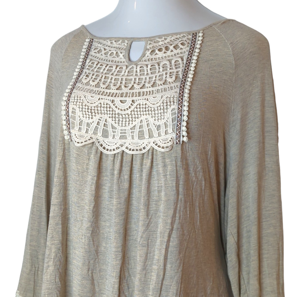 ONE WORLD Cream Grey Boho Knit Top Crochet Detail Women's Plus 2x - Picture 2 of 7